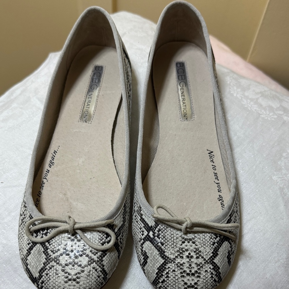 BCBGeneration Snakeskin Flats - Black and Cream with Bow